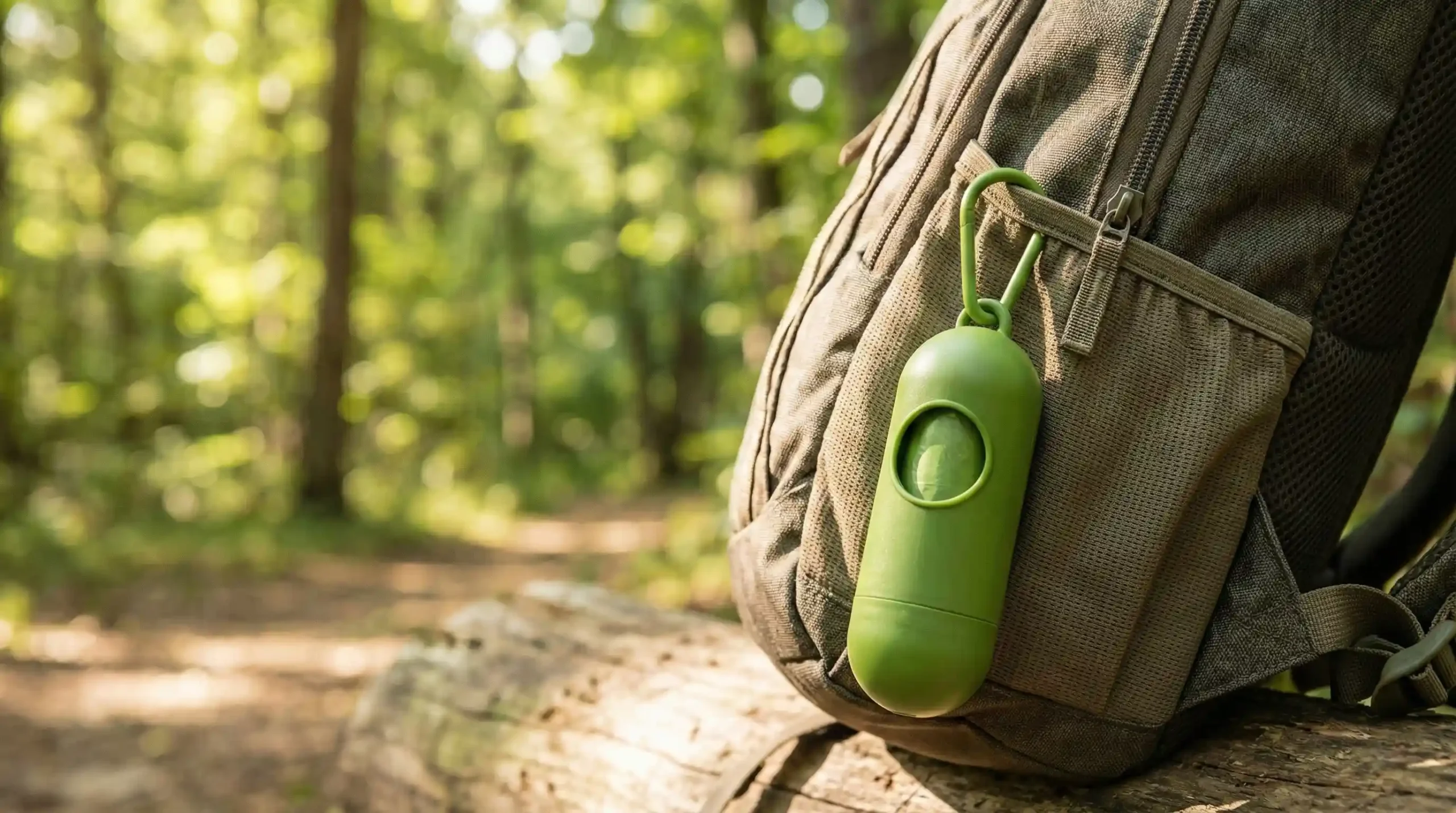 PetTrekGo green poop bag dispenser with carabiner clip and a roll of 15 leak-proof bags.