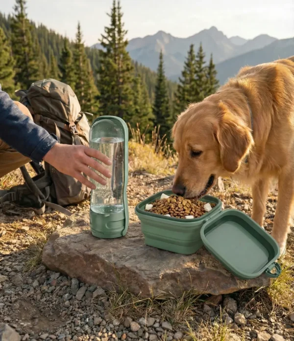 PetTrekGo Dog Travel Kit: Large 550ml Portable Water Bottle & Collapsible Food Bowl with Lid – Leak-Proof Hiking Essentials Bundle (Hook Green)