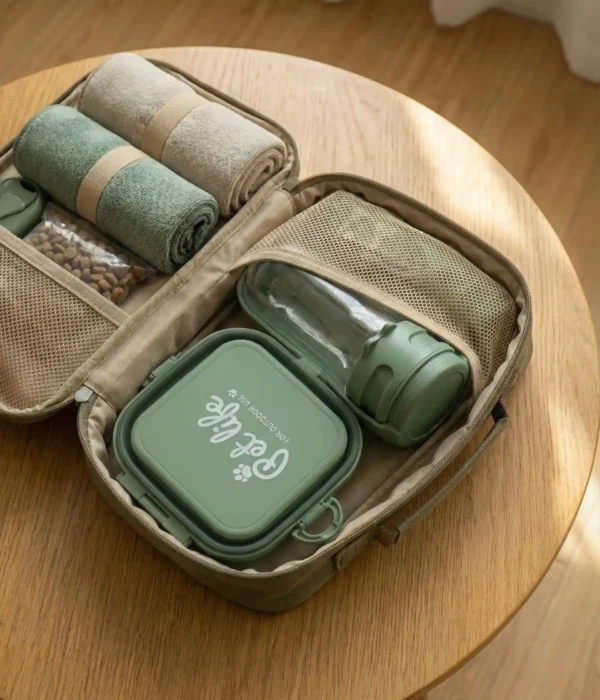 PetTrekGo Dog Travel Kit: Large 550ml Portable Water Bottle & Collapsible Food Bowl with Lid – Leak-Proof Hiking Essentials Bundle (Hook Green)