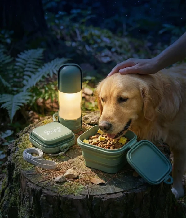 pettrekgo-dog-travel-water-bottle-glowing-green (1) PetTrekGo Night Explorer Camping Bundle: Illuminated 350ml Dog Water Bottle with LED Light & 800ml Collapsible Food Bowl with Lid – Portable Outdoor Travel Kit (Hook Green)