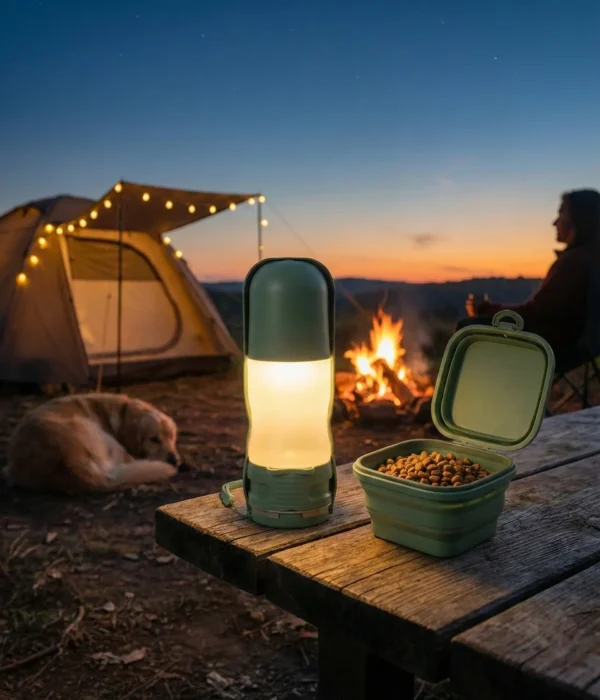 pettrekgo-dog-travel-water-bottle-glowing-green (3) PetTrekGo Night Explorer Camping Bundle: Illuminated 350ml Dog Water Bottle with LED Light & 800ml Collapsible Food Bowl with Lid – Portable Outdoor Travel Kit (Hook Green)