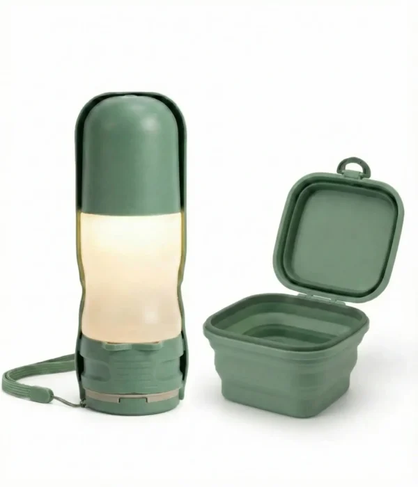 pettrekgo-dog-travel-water-bottle-glowing-green (4) PetTrekGo Night Explorer Camping Bundle: Illuminated 350ml Dog Water Bottle with LED Light & 800ml Collapsible Food Bowl with Lid – Portable Outdoor Travel Kit (Hook Green)