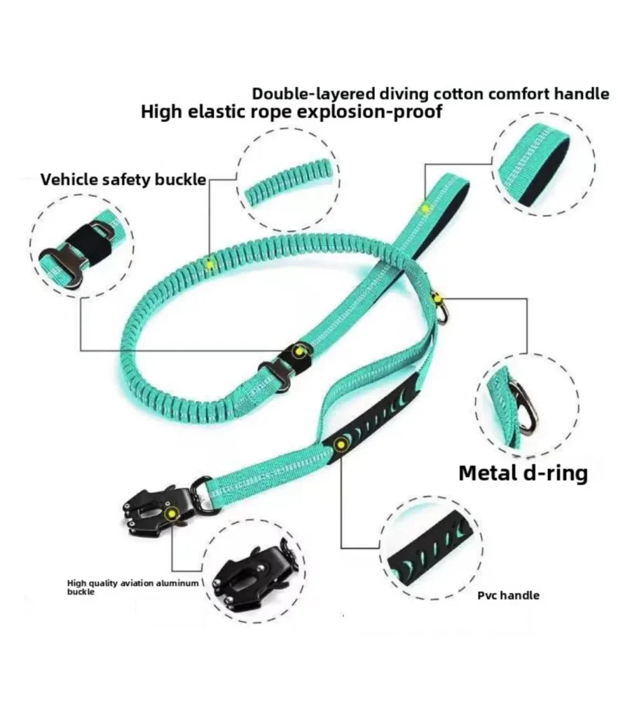 Close-up details of the PetTrekGo bungee leash showing shock-absorbing stretch, padded traffic handle, and durable metal clasp.