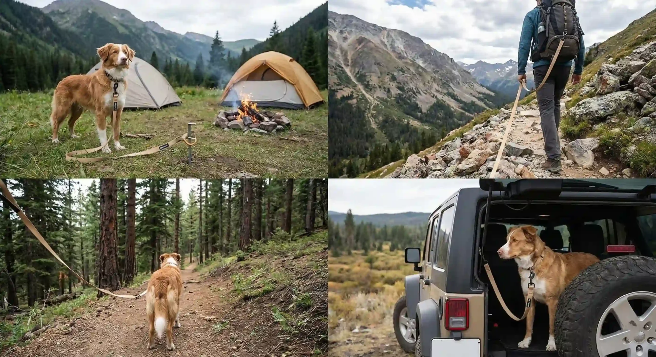 Four-panel collage with text '4 IN 1 DOG LEASH designed for adventure' at the top, demonstrating versatile outdoor uses: tethering a dog at a campsite with a tent, a hiker using it hands-free on a mountain trail, securing a dog to a tree in a forest, and acting as a safety tether inside a Jeep trunk.