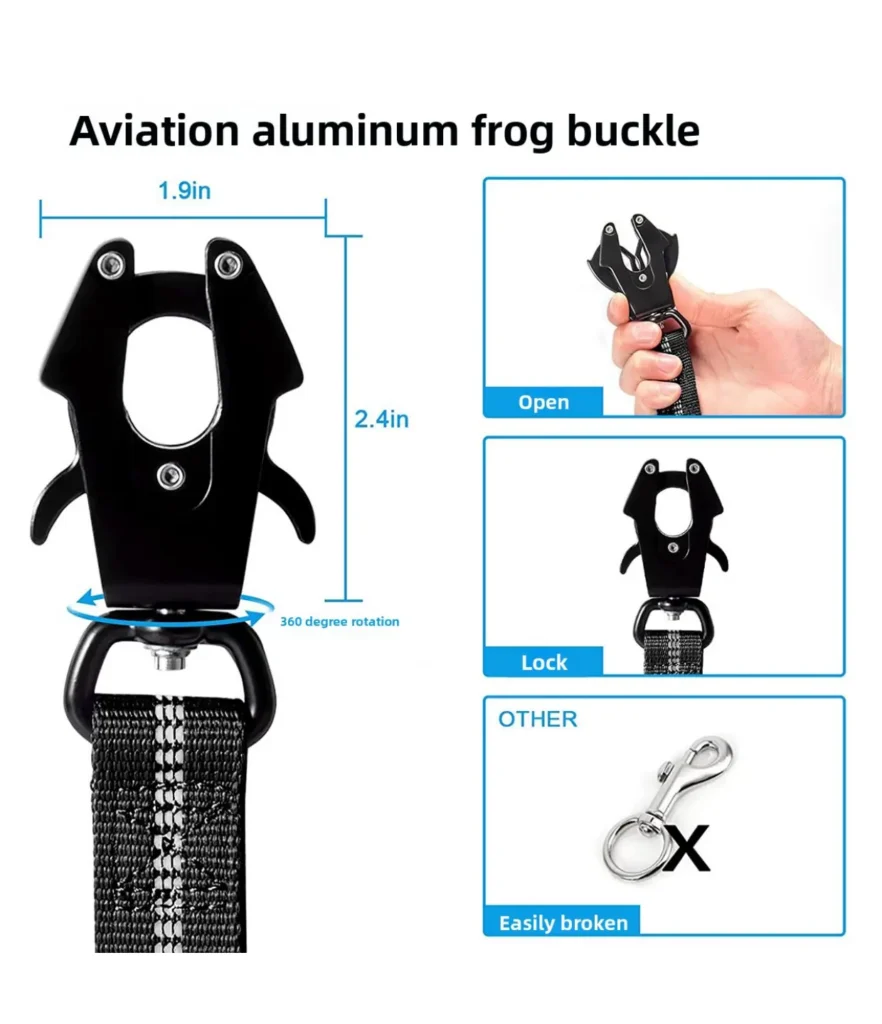 Close-up details of the PetTrekGo bungee leash showing shock-absorbing stretch, padded traffic handle, and durable metal clasp.