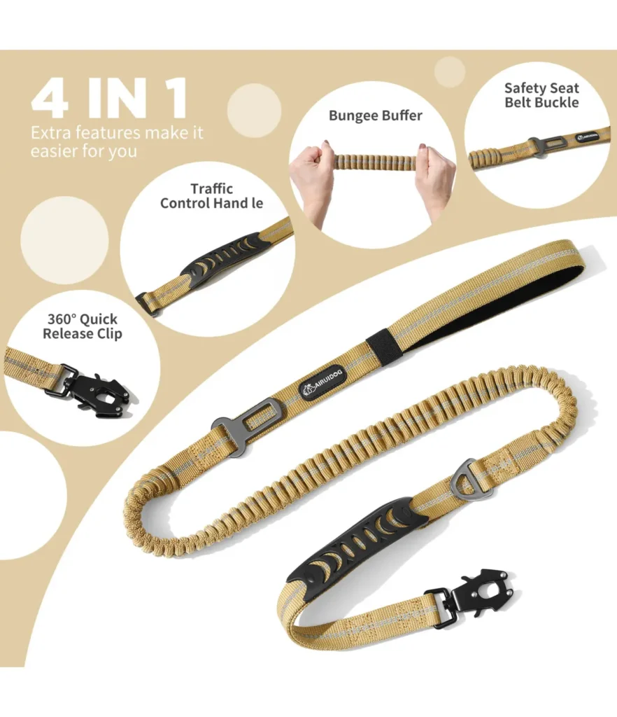 Close-up details of the PetTrekGo bungee leash showing shock-absorbing stretch, padded traffic handle, and durable metal clasp.