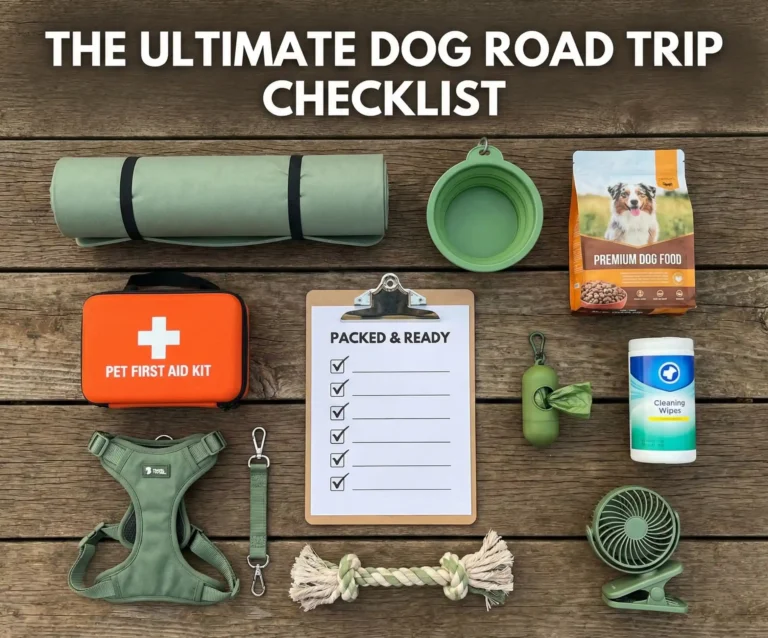 Flat lay of dog road trip essentials including travel mat, bowl, first aid kit, and harness.