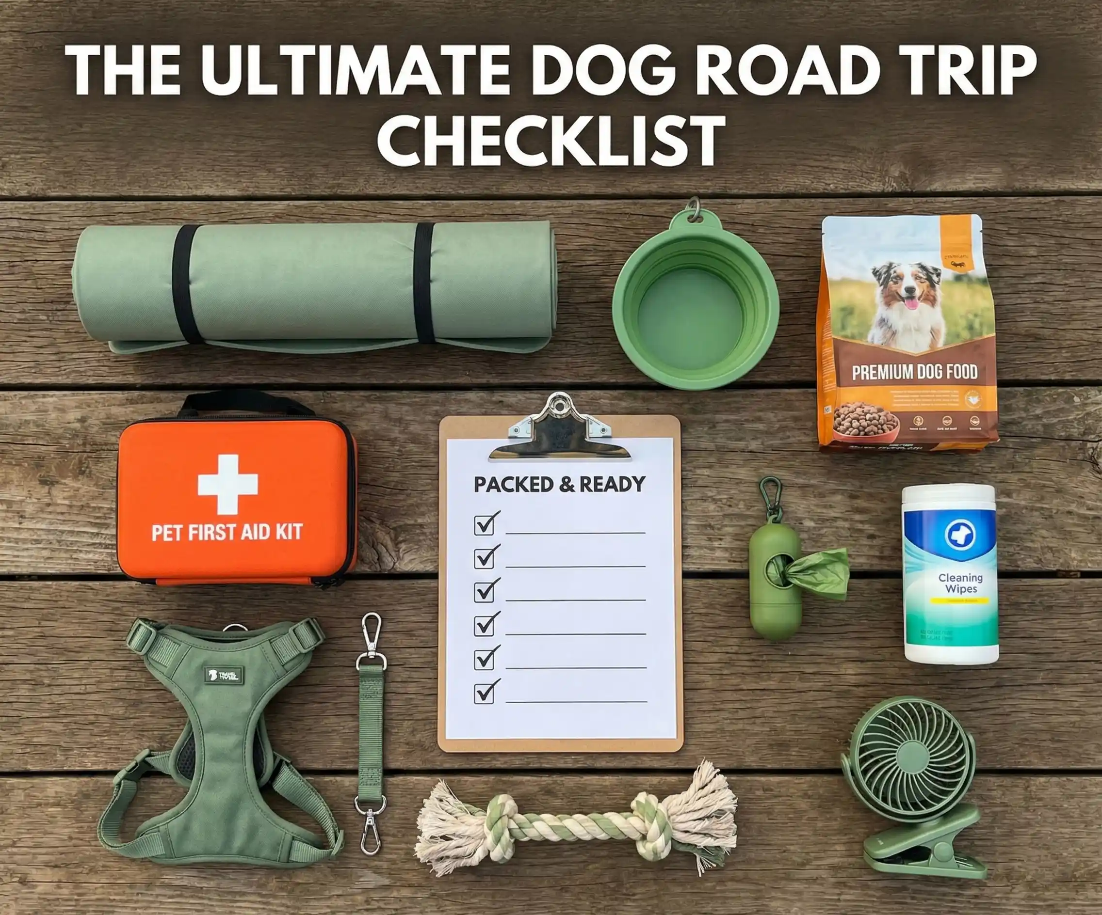 Flat lay of dog road trip essentials including travel mat, bowl, first aid kit, and harness.