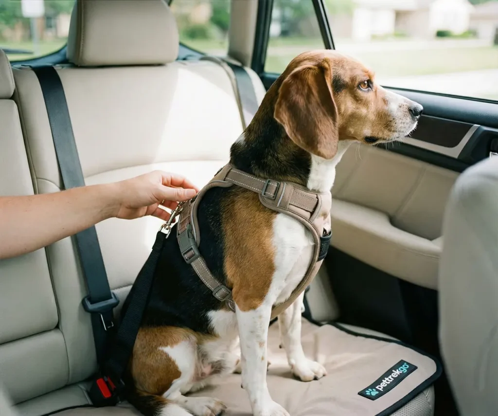 Beagle mix dog sitting securely in a car back seat wearing a padded travel harness and seatbelt tether.