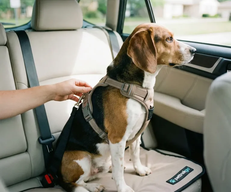 Beagle mix dog sitting securely in a car back seat wearing a padded travel harness and seatbelt tether.