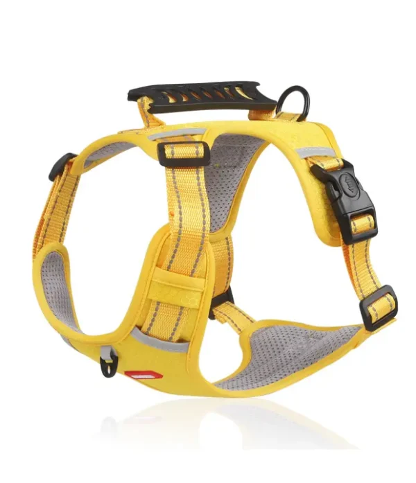 Bright yellow dog harness with handle