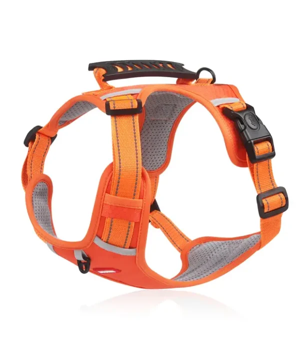 Bright orange dog harness with handle