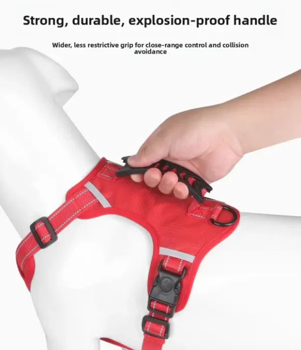 Red dog harness with sturdy handle