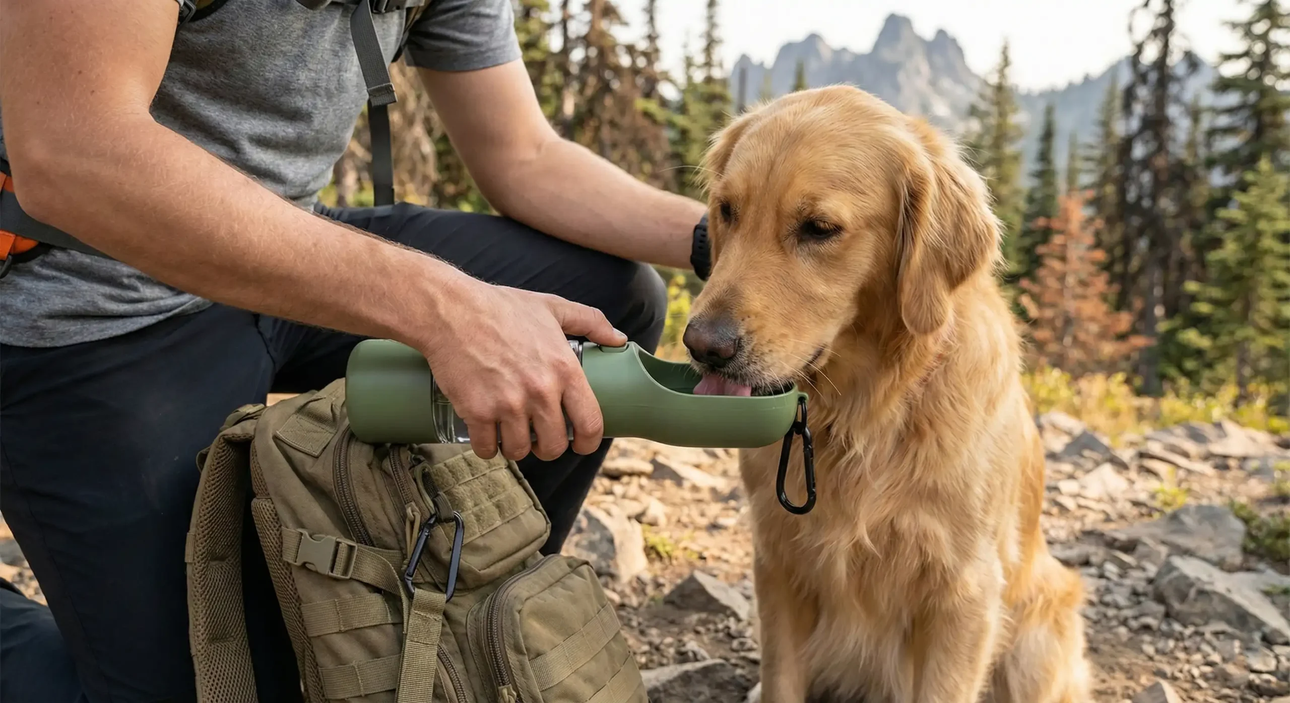 PetTrekGo tactical green dog water bottle clipped to a hiking backpack on a trail.